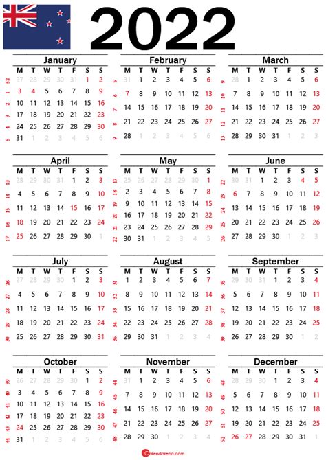 2022 Calendar New Zealand With Holidays And Weeks Numbers Printable