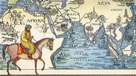 Explorer Ibn Battuta On Horseback Behind Him A Map Of His Journey