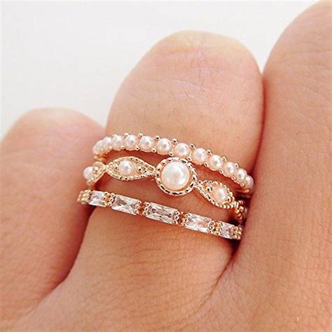 14k dainty and delicate five pearl stackable ring rose gold plated size 4 pink gemstones