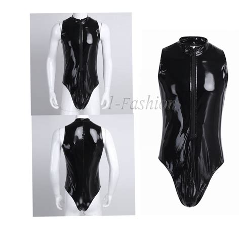 sexy mens faux leather bodysuit jumpsuit latex leotard underwear romper clubwear ebay
