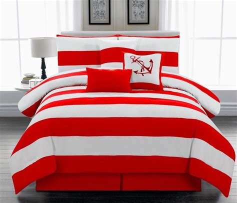 7pc Nautical Themed Comforter Set Red And White Striped Full Queen