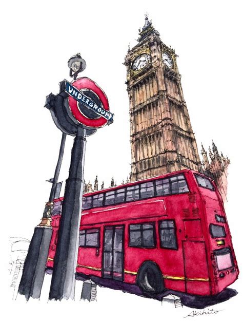 Big Ben Double Decker London Uk Travelling Drawing And Painting