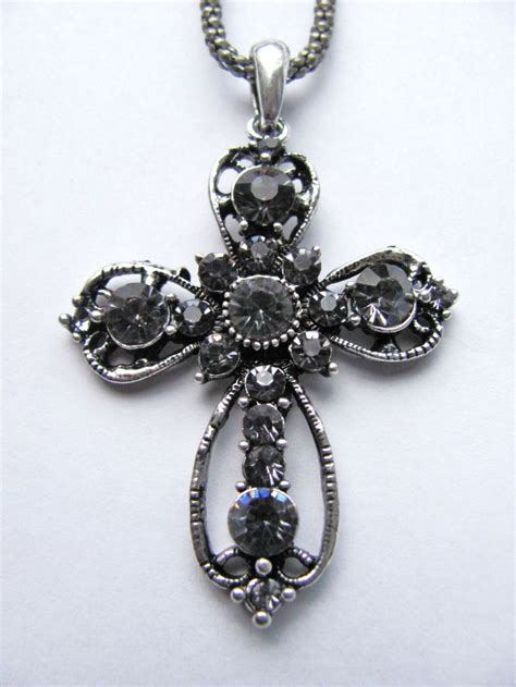 Filigree Style Cross Pendant Necklace Genuine Crystals Smoked Tone