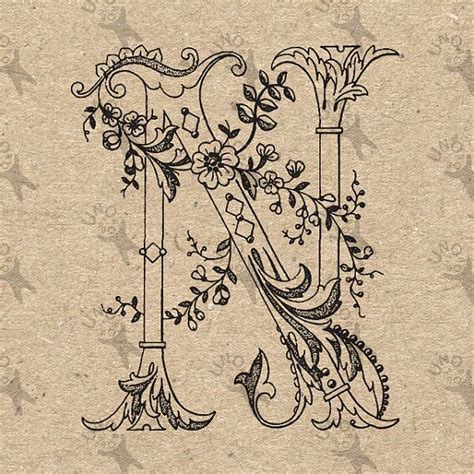Vintage Monogram Initial Letter N Instant Download Digital Printable Clipart Graphic Calligraphy