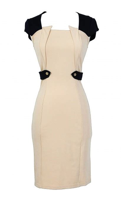 Beige And Navy Designer Pencil Dress Lily Boutique