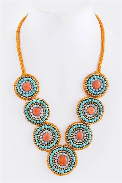 Turquoise Orange Round Beaded Tribal Necklace