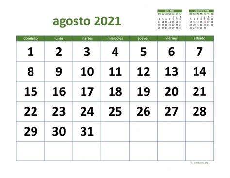 Calendario Agosto 2021 Para Imprimir Gratis