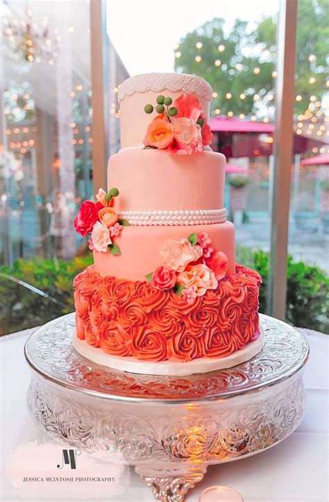 Wedding Cake With Peaches And Corals Lace Pearls Buttercream