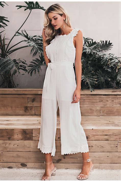 Womens Cotton Linen Ruffled Embroidery Jumpsuit Hollow Out Sashes