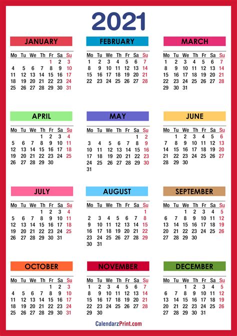 Free Printable Colorful Calendar 2021 Printable World Holiday