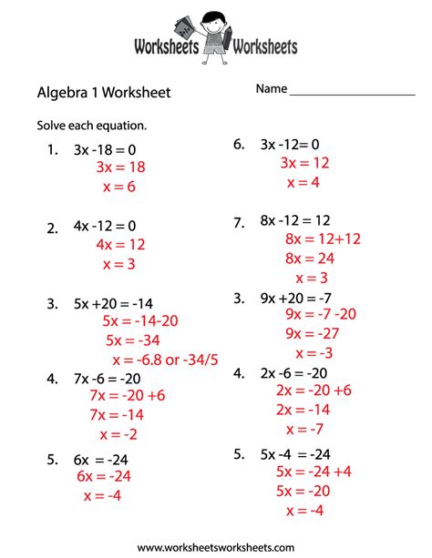 Algebra Worksheets With Answer Keys