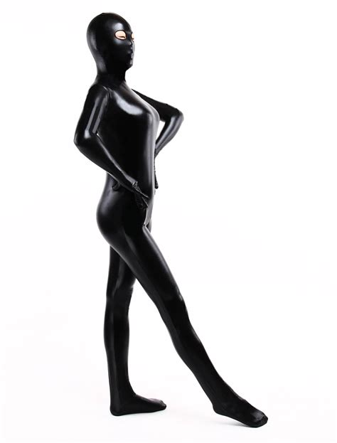 Disfraz Carnaval Zentai De Halloween Negro Metálico Brillante Catsuit De Cuerpo Entero Carnaval