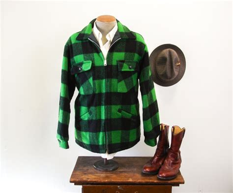 60s 70s Green Plaid Hunting Jacket Green And Black Plaid Heavy Wool Blend