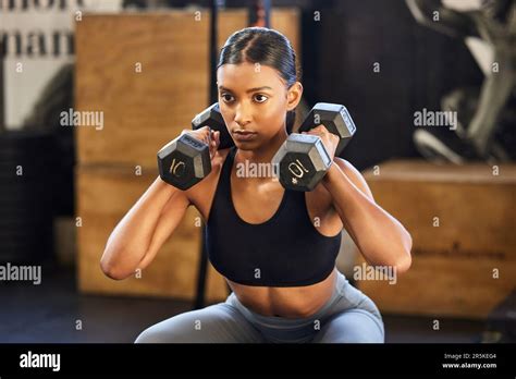 Fitness Squat Or Woman With Dumbbells Training Exercise Or Workout