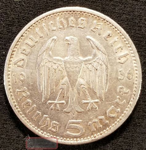 1936 A Wwii 5 Mark German Silver Coin Third Reich No Swastika 5