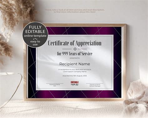 10 Years Of Service Editable Certificate Of Appreciation Etsy