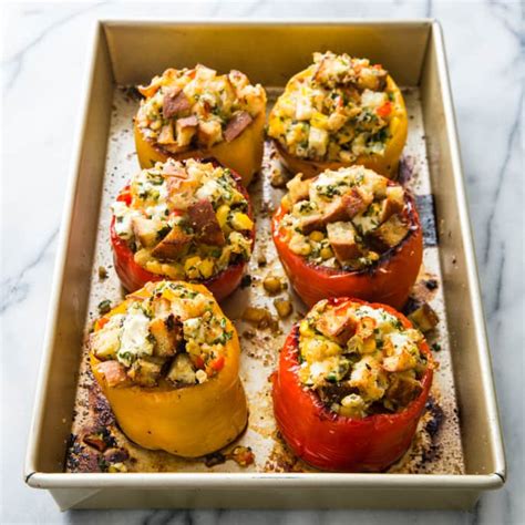 Stuffed Peppers With Chickpeas Goat Cheese And Herbs Cooks Country