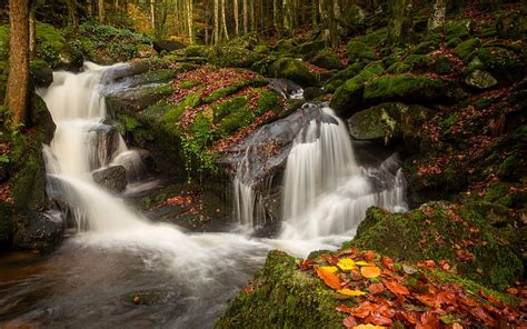 Waterfall Autumn River Autumn Forest Auvergne France Hd Wallpaper