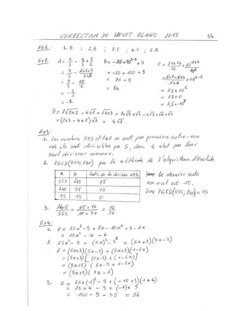 Brevet Blanc Mathématiques 2013 Corrigé