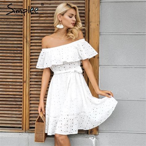Simplee Sexy Off Shoulder Ruffle Dress Women Elegant Tie Up White Dress Summer Casual Elastic