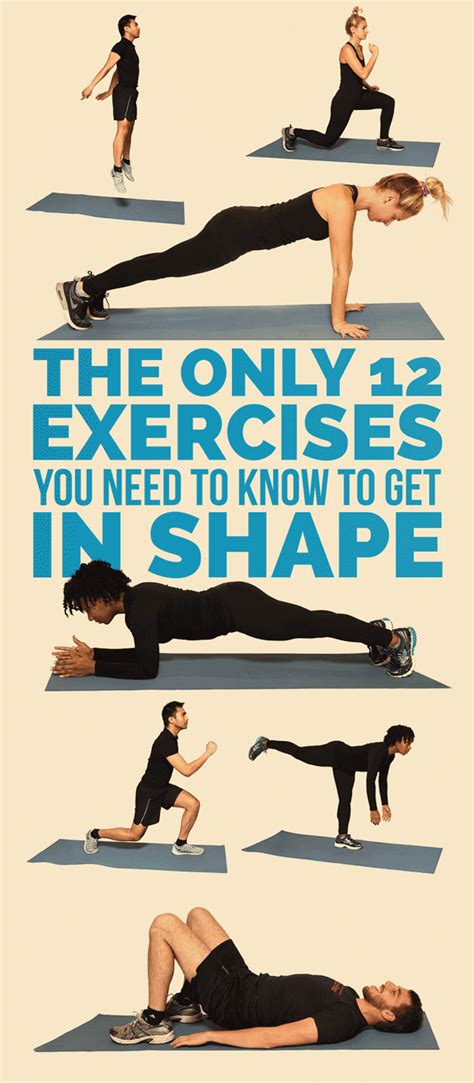 The Only 12 Exercises You Need To Get In Shape Exercise Bodyweight Workout Get In Shape