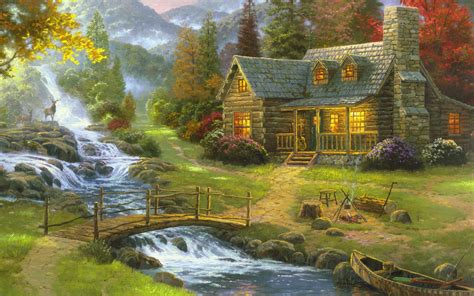 Check spelling or type a new query. House near river painting, building, Thomas Kinkade ...