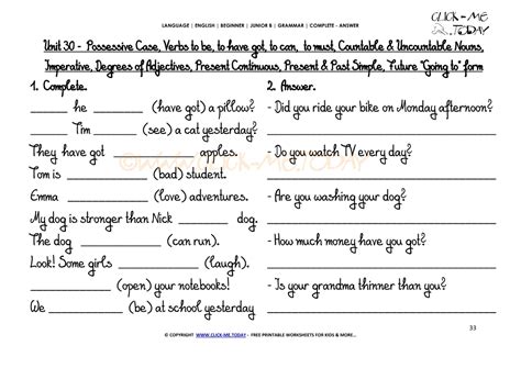 Here are the english grammar worksheets currently available. FREE PRINTABLE GRAMMAR WORKSHEET C-A - Revision Junior B U30