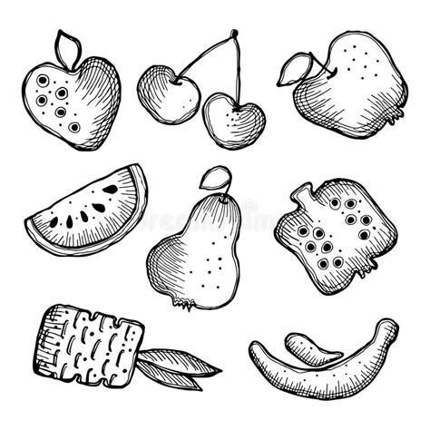 Set Of Vector Illustrations Of Fruits Watermelon Apple Pineapple