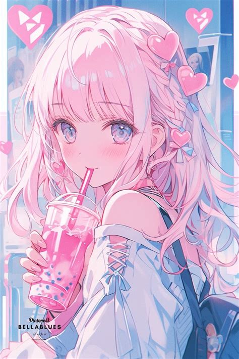 An Anime Character Holding A Pink Drink In Her Hand