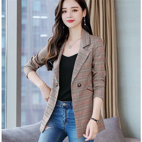 Women Blazers And Jackets 2019 Work Office Lady Plaid Suit Casual