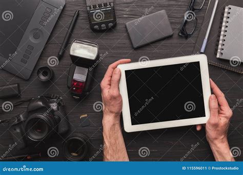 Photographer Using Digital Tablet On Workplace Stock Image Image Of