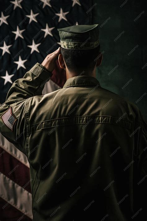 Un Soldado Saludando A Una Bandera Frente A Un Fondo Oscuro Foto Premium