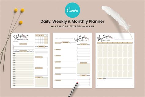 Daily Weekly Monthly Canva Planner Template Editable Canva Etsy Uk