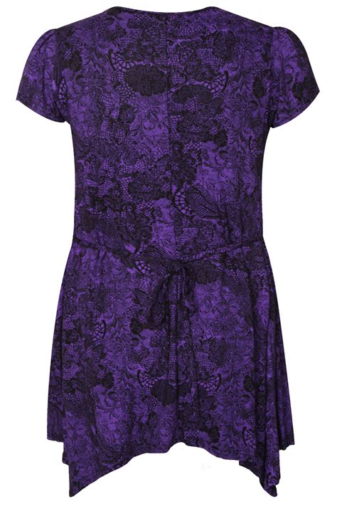 Purple And Black Lace Print Drop Pocket Longline Top Plus Size 161820