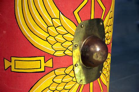 Detail Of A Reproduction Roman Scutum Shield With Red And Yellow Stock