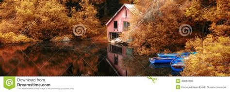 Panorama Landscape Stunning Vibrant Autumn Scene Boat Lake And B Stock