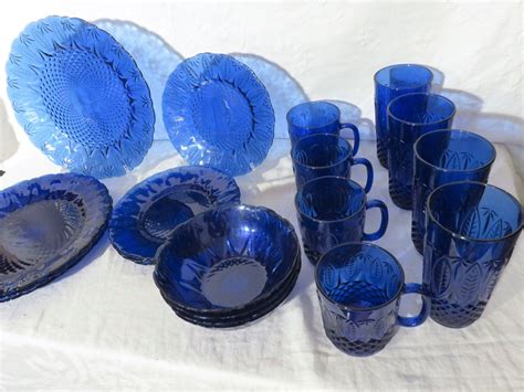 Avon Royal Sapphire Service For Four 20 Piece French Cobalt Blue Glass Dinnerware Set Dishes