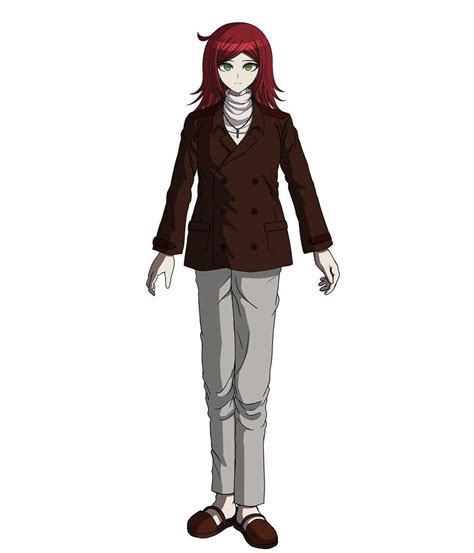 An Anime Character With Red Hair Wearing A Brown Blazer And Grey Pants