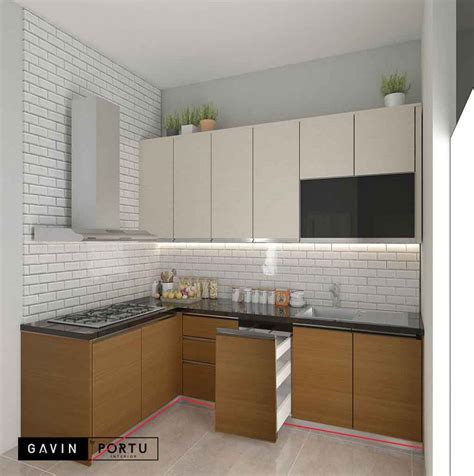 Sesuaikan desain kabinet atas pada dinding ruangan anda. model kitchen set minimalis letter L - Gavin Interior