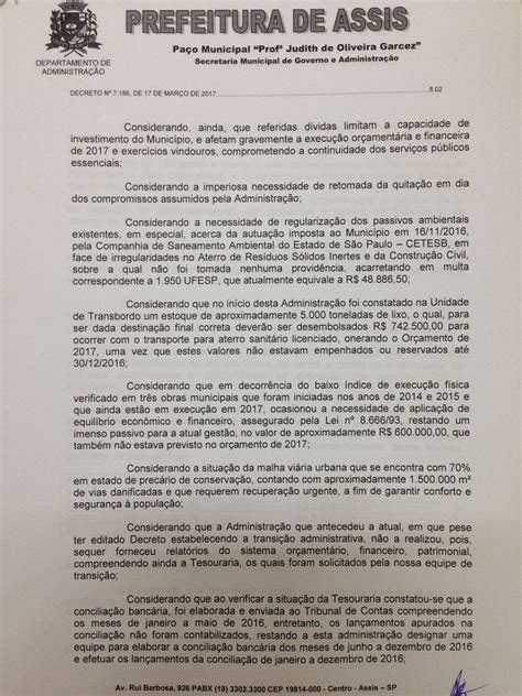 Prefeitura De Assis Confira O Decreto De Calamidade Financeira E Administrativa