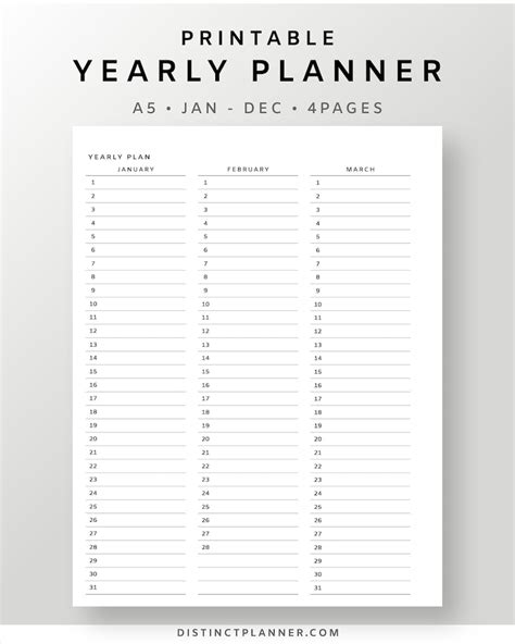 A5 Yearly Planner Printable Vertical 4 Pages Inserts Undated Year