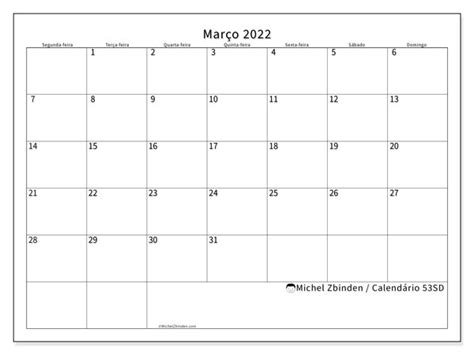 Calendário “53sd” Março De 2022 Para Imprimir Michel Zbinden Pt
