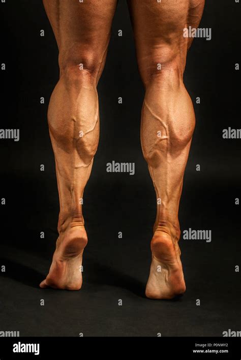Detail On Male Bodybuilder Calves Muscles Shot On Black Background