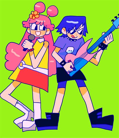 Two Cartoon Characters Are Holding Guitars And Looking At The Same