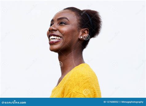 Close Up Happy Young African American Woman Laughing Against Isolated