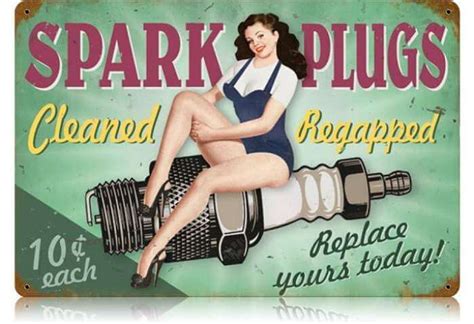 Retro Spark Plugs Pin Up Pin Up Girl Metal Sign 18 X 12 Inches