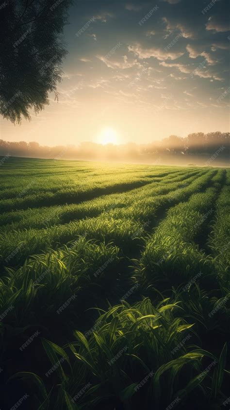 Premium Ai Image Green Fields Sunrise With Sunrays Generative Ai