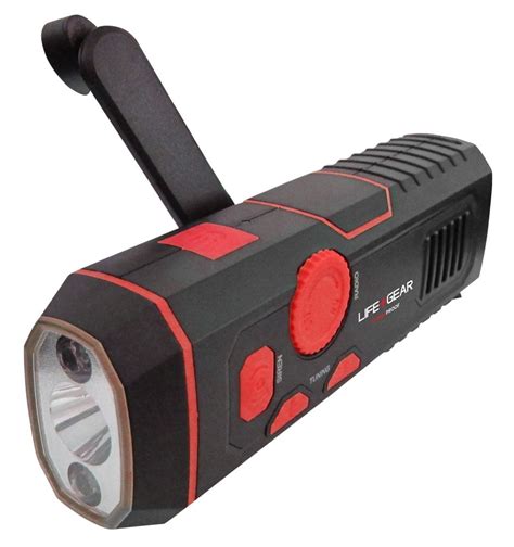 Lifegear Usb Rechargeable Crank Led Flashlight With Fm Radio And Siren