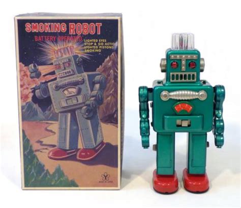 1960s80s Original Tin Japan Smoking Robot Metallic Green Nm Works In