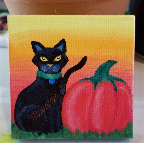 Halloween Art Black Cat Original Painting Small Format Art Etsy